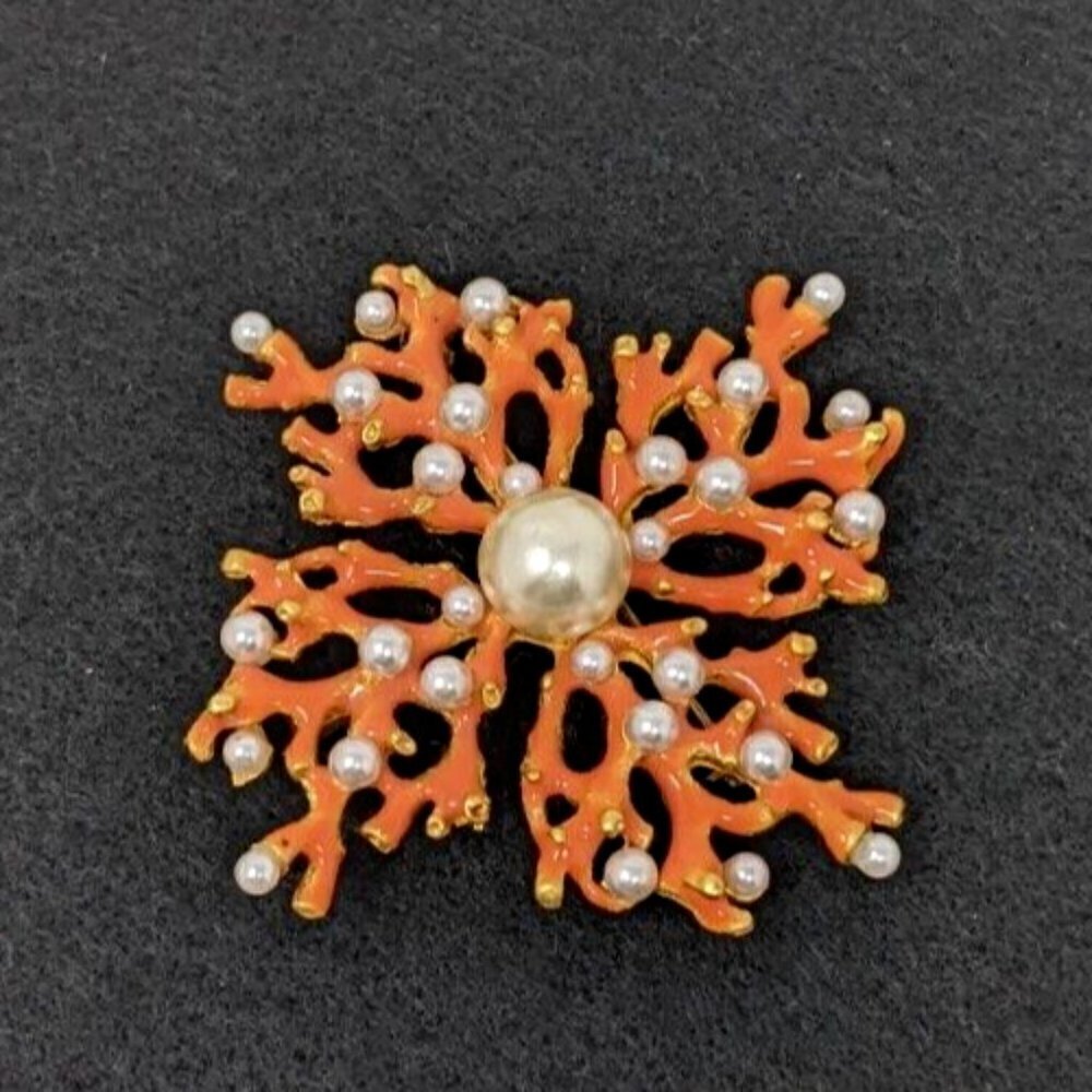 Kjl Kenneth J Lane Large Enamel Brooch Coral Bran… - image 1